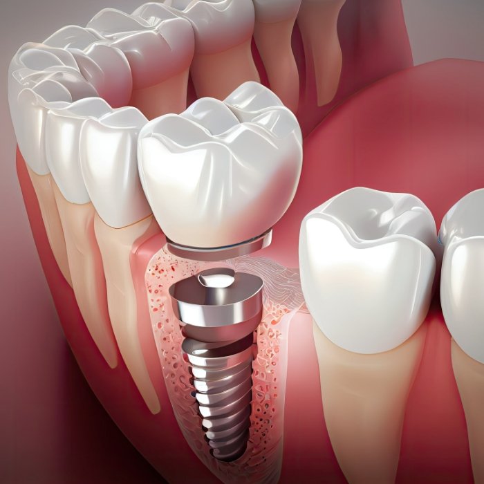 Illustrated dental crown being fitted onto a dental implant