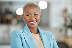 a business woman in a sky blue suit