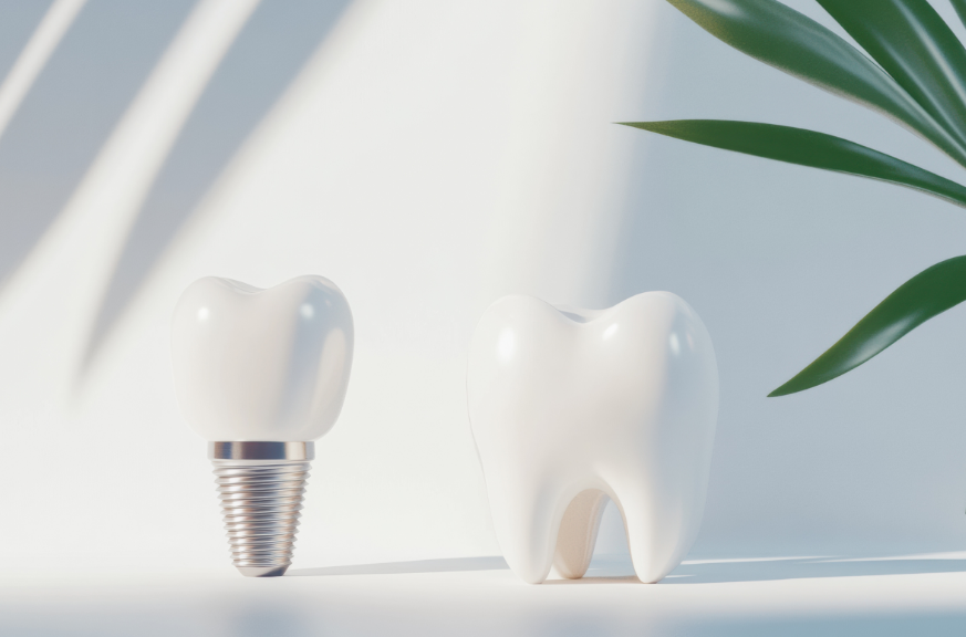 3D image of an implant and a tooth.